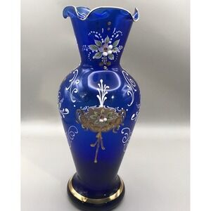 Blue Floral Vase Hand Painted Trimmed In Gold